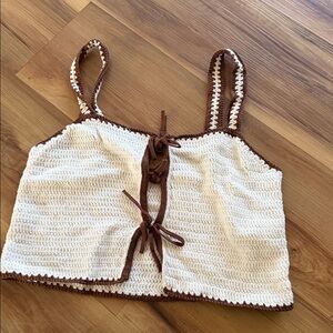 Abercrombie Cream and Brown Crochet Tie-Front Tank Top